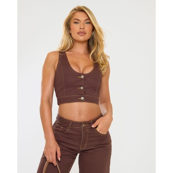EGO V Neck Button Down Seam Detail Crop Top In Brown Denim, Women's Size UK 4 - 2