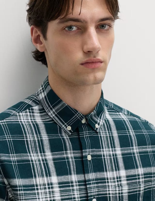 Marks & Spencer M&S Cotton Linen Blend Check Short Sleeve Shirt Blue Mix - 2