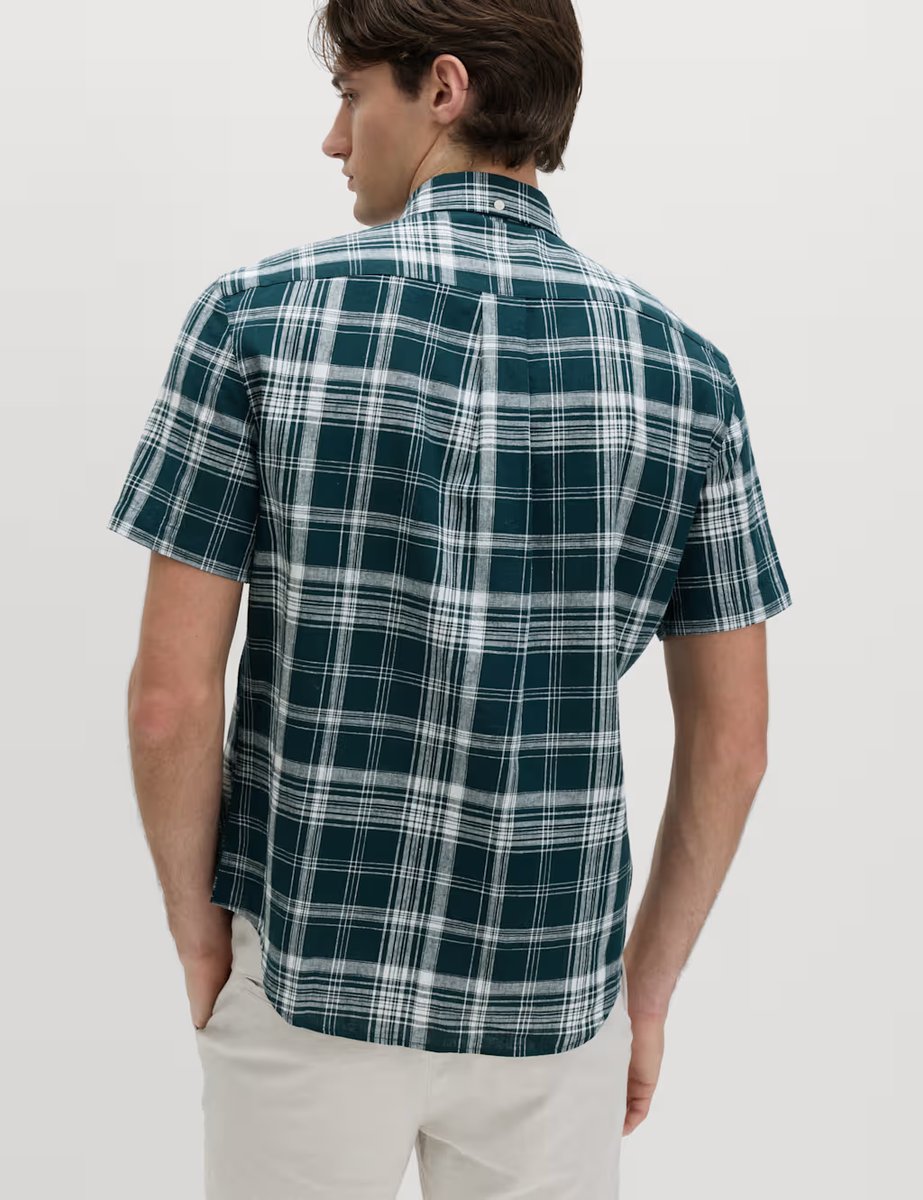 Marks & Spencer M&S Cotton Linen Blend Check Short Sleeve Shirt Blue Mix - 3