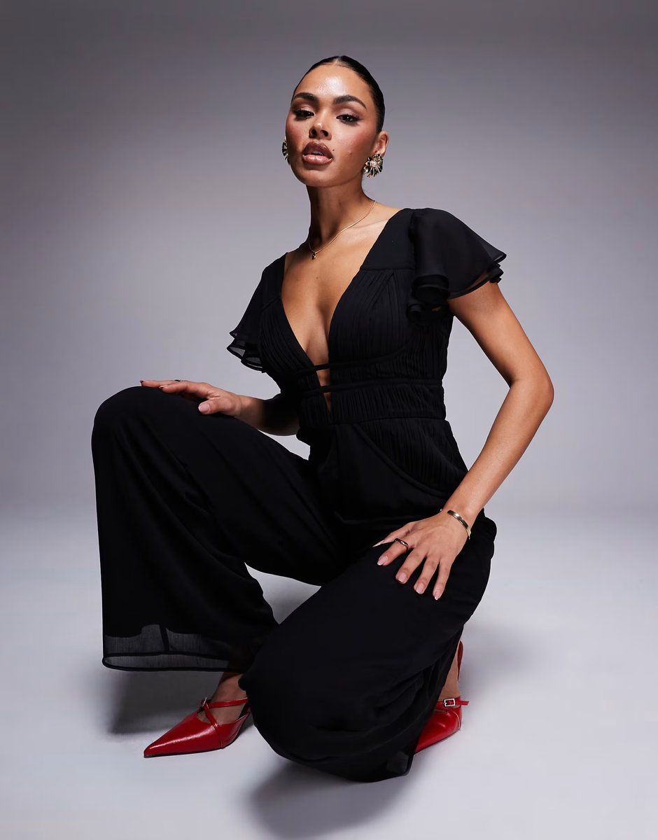 ASOS ASOS DESIGN flutter sleeve ruched wide leg jumpsuit in black - 3