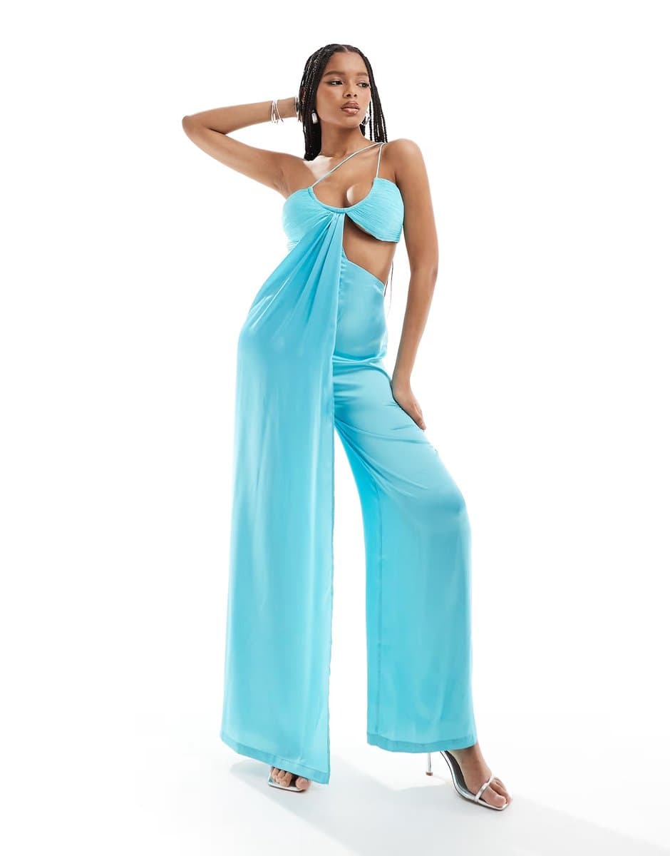 ASOS ASOS DESIGN satin chiffon mix cut out wide leg jumpsuit in turquoise