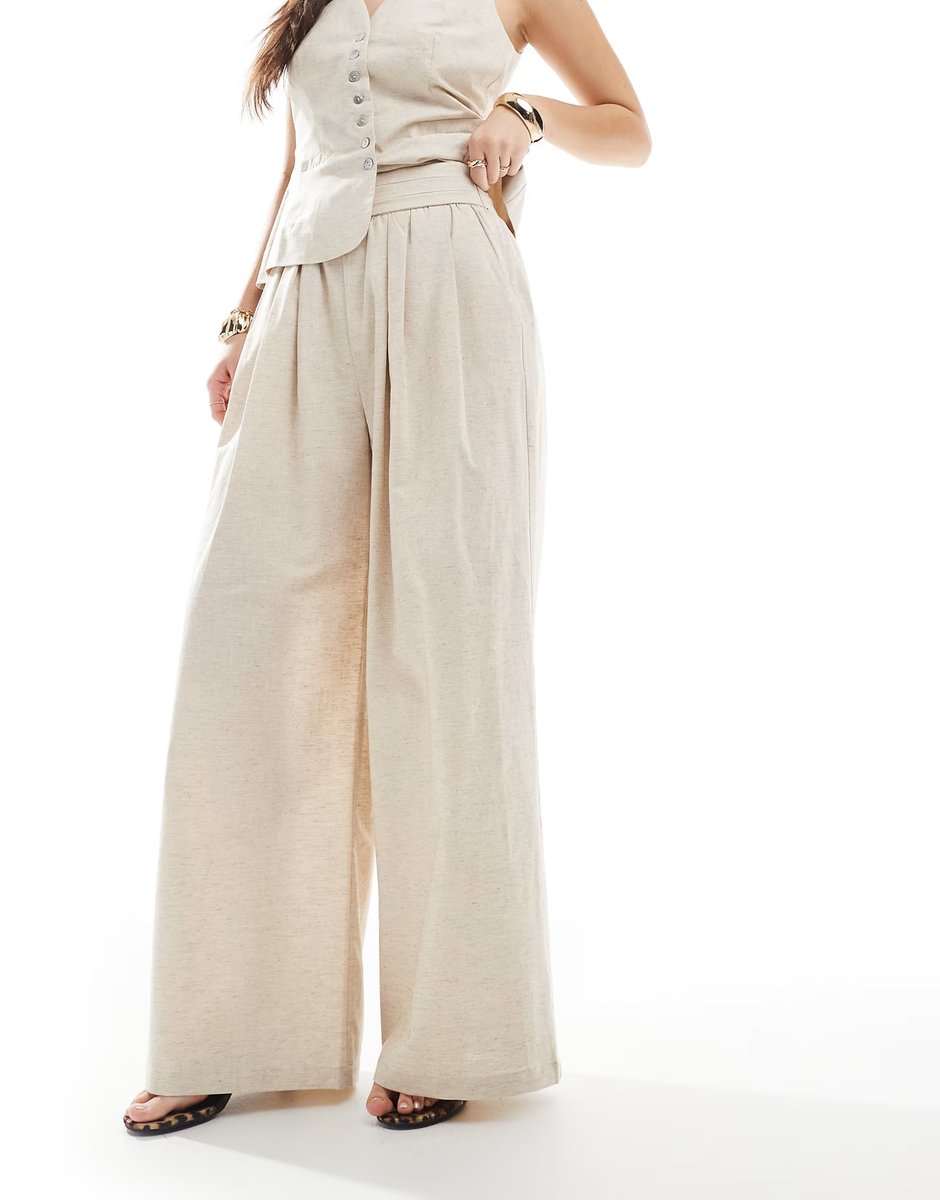 ASOS 4th & Reckless linen blend tailored ruched waistband wide leg trousers co-ord in beige - 3
