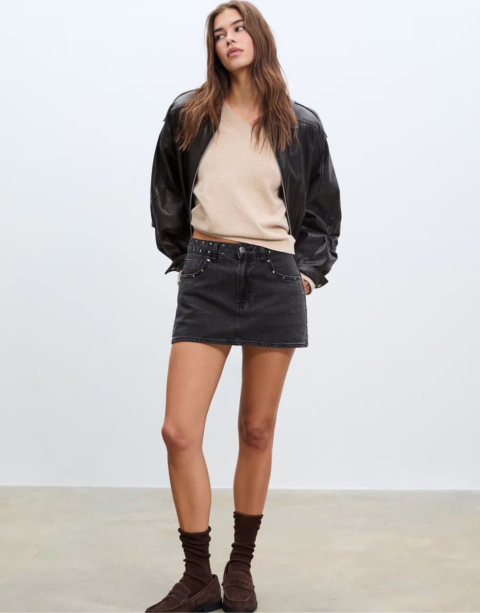 ASOS Stradivarius D62 studded denim skort in black denim washed effect