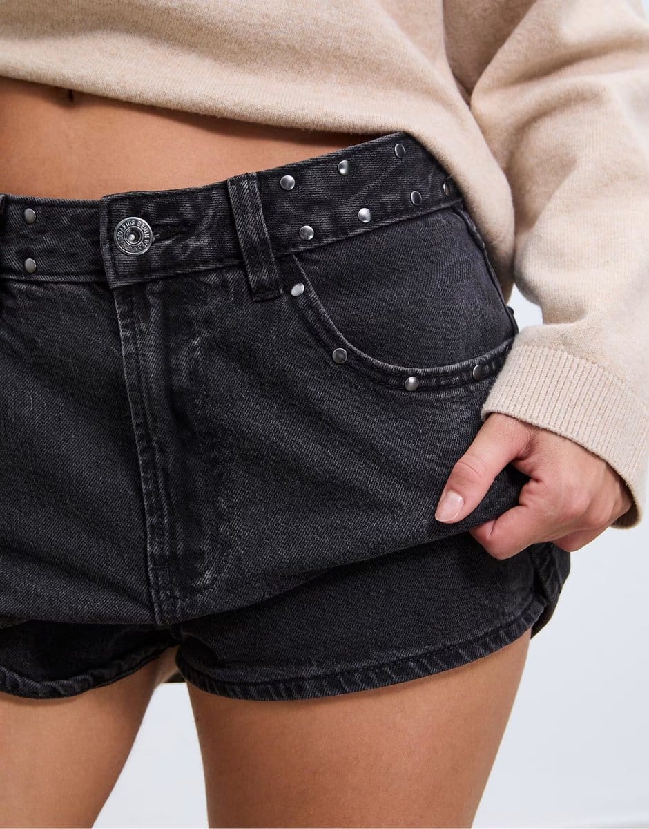 ASOS Stradivarius D62 studded denim skort in black denim washed effect - 4