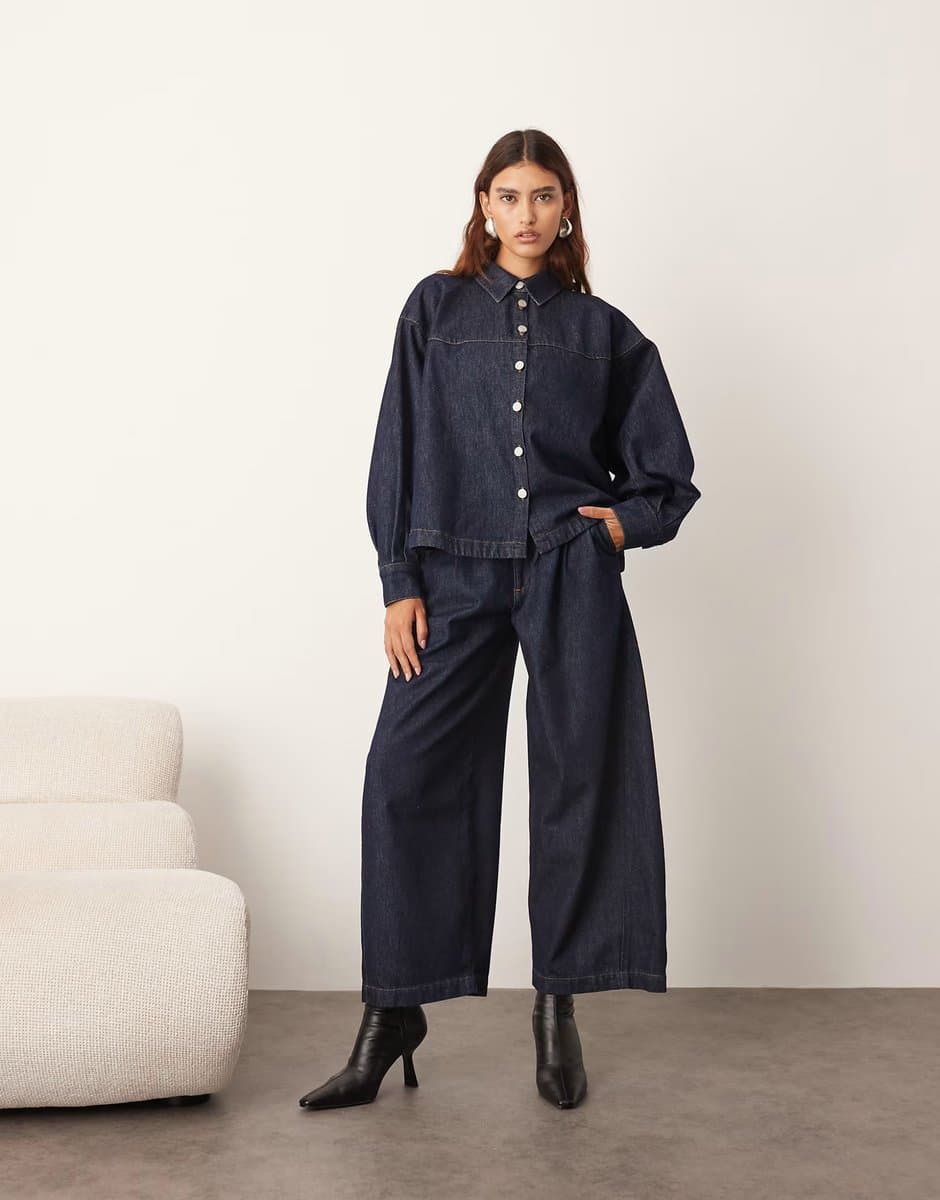 ASOS ARRANGE structured boxy denim shirt and pleat detail wide leg barrel trouser in indigo