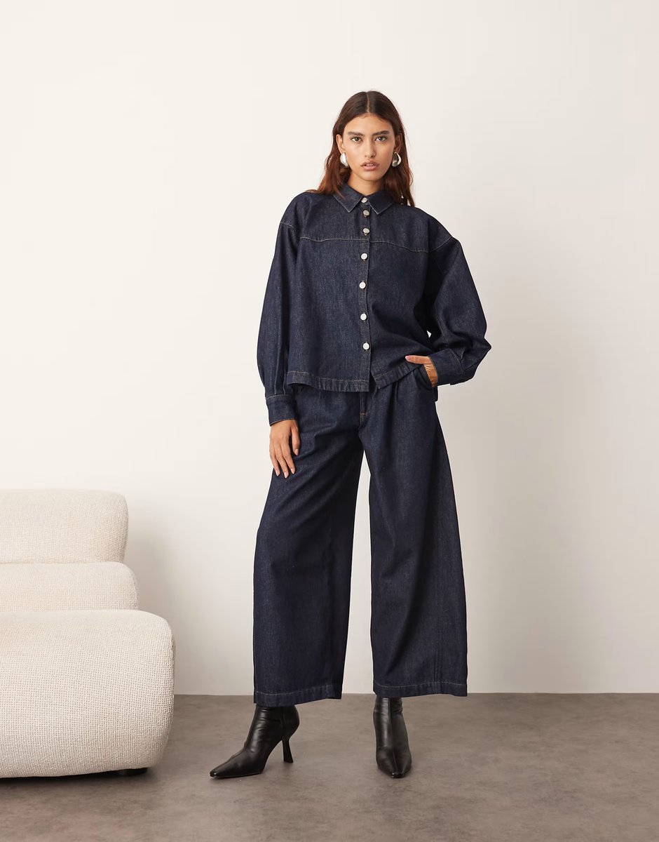ASOS ARRANGE structured boxy denim shirt and pleat detail wide leg barrel trouser in indigo - 2
