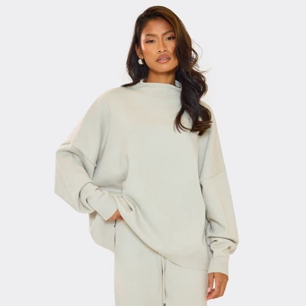 EGO High Neck Oversized Batwing Jumper In Grey Marl Knit, Women's Size UK Large L