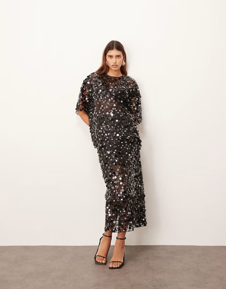ASOS ARRANGE sheer grid sequin  maxi skirt co ord in black