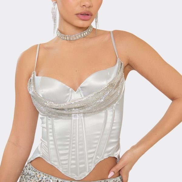 EGO Strappy Chainmail Drape Detail Corset In Silver Satin, Women's Size UK 6 - 2