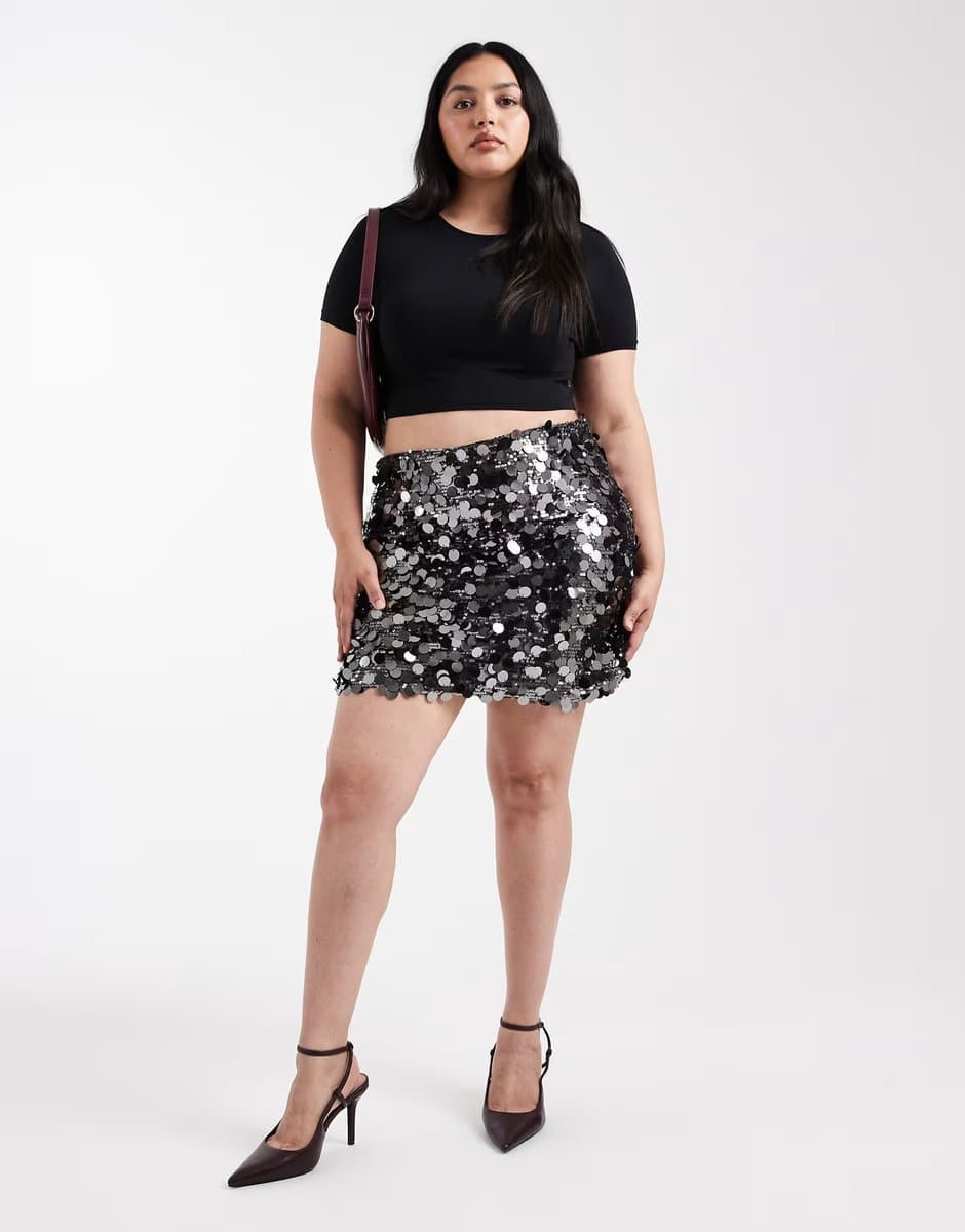 ASOS ONLY Curve disc sequins mini skirt in gunmetal