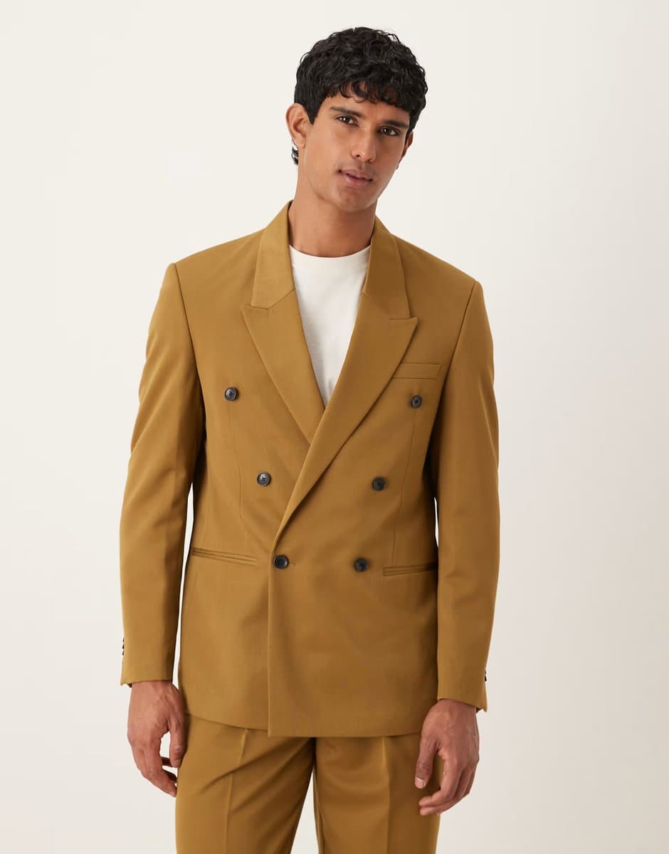 ASOS ASOS DESIGN regular double breasted suit jacket in camel twill