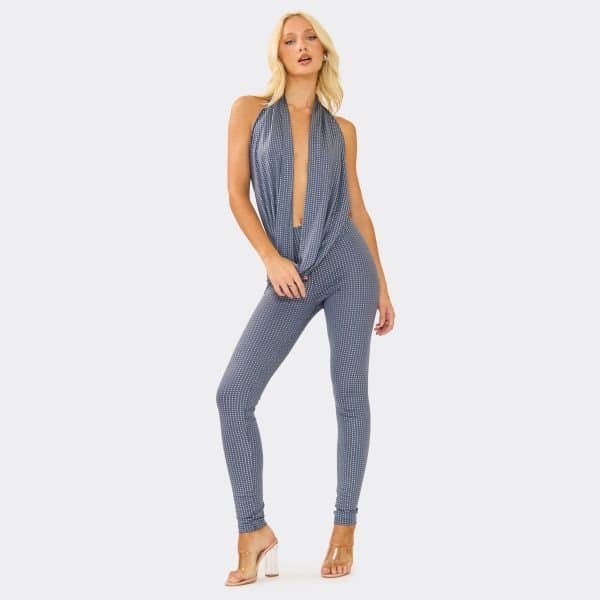 EGO Embellished Cowl Neck Top And Low Rise Leggings Co-Ord Set In Grey, Women's Size UK 6