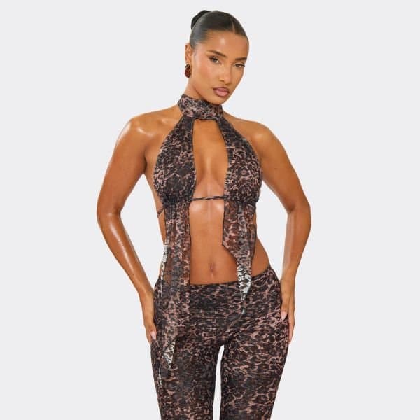 EGO High Neck Tie Back Asymmetric Top In Brown Leopard Print Lace, Women's Size UK 8