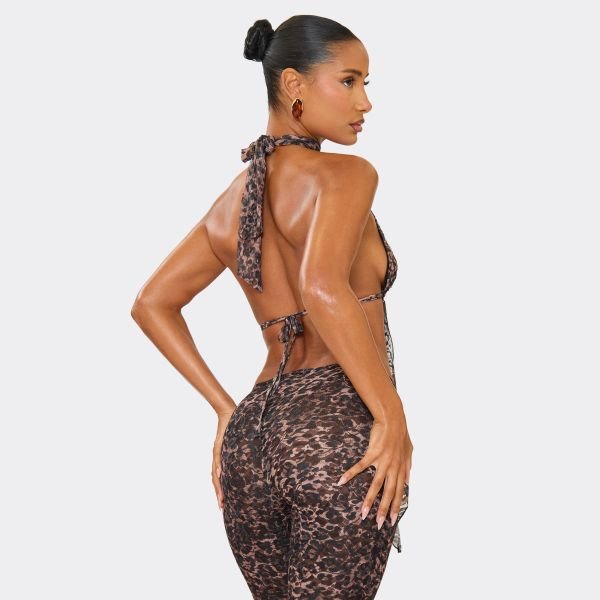 EGO High Neck Tie Back Asymmetric Top In Brown Leopard Print Lace, Women's Size UK 8 - 2