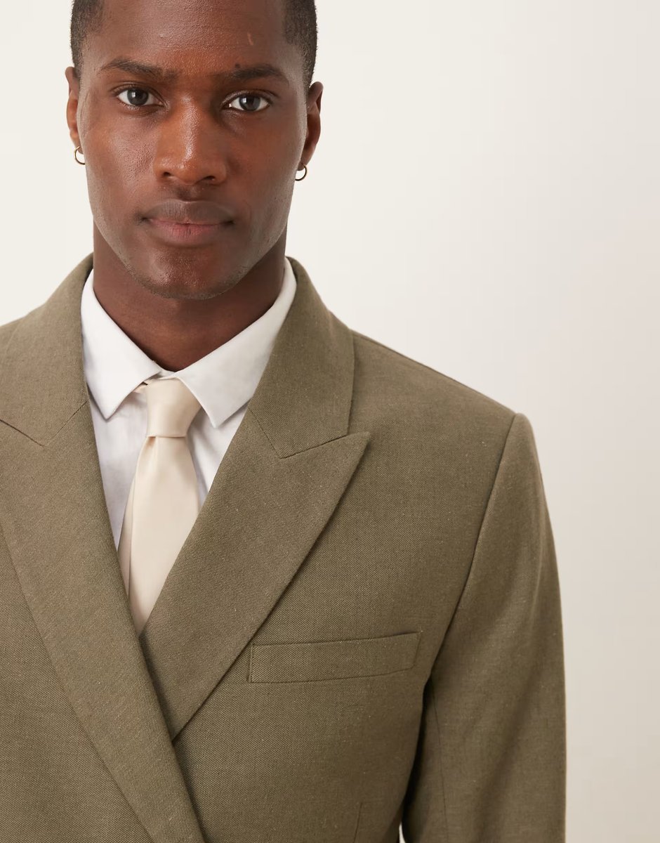 ASOS Abercrombie & Fitch double breasted linen suit blazer co-ord in olive green - 3