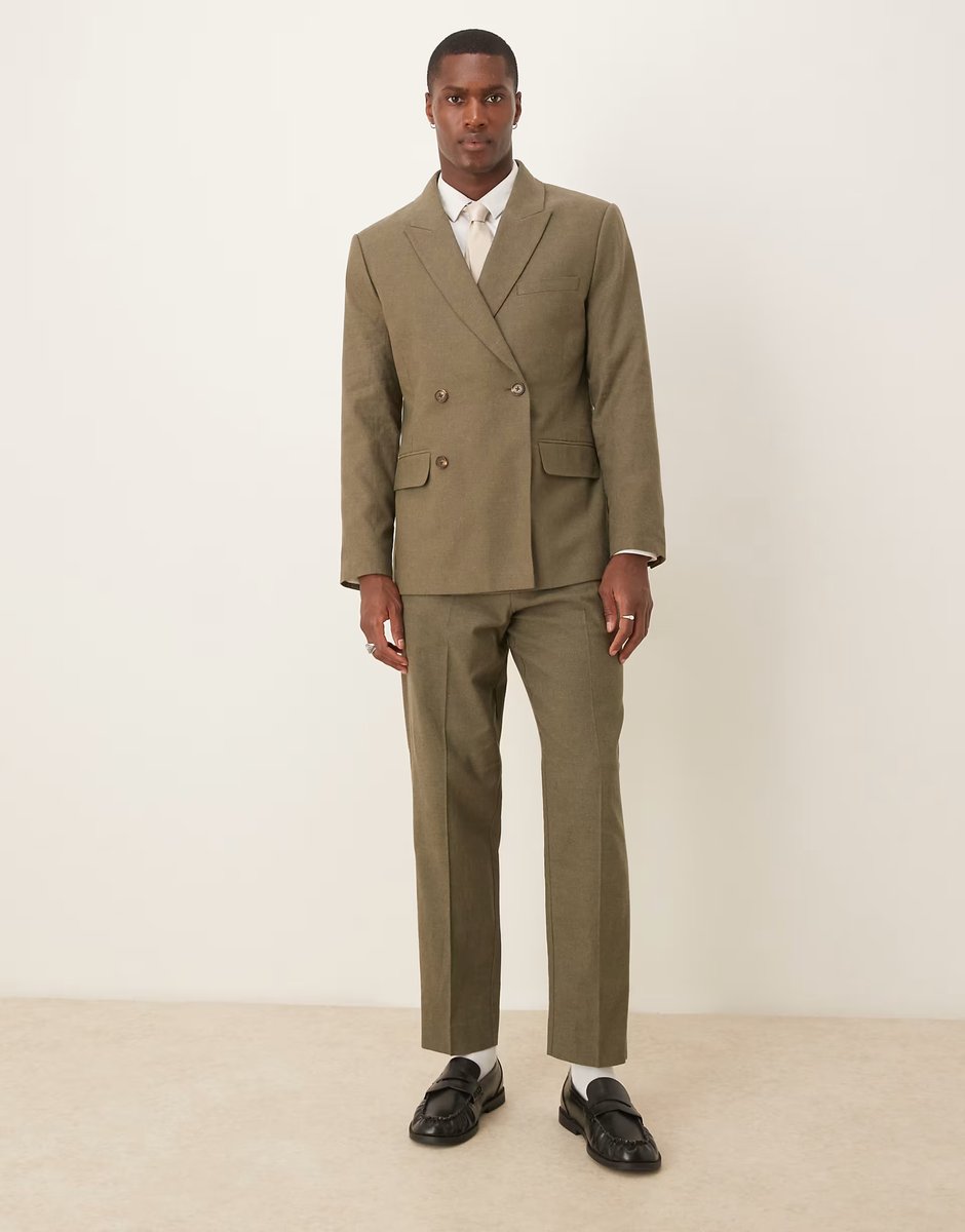 ASOS Abercrombie & Fitch double breasted linen suit blazer co-ord in olive green - 4