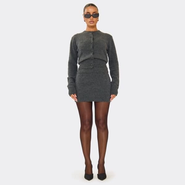 EGO Elastic Waist Mini Skirt In Dark Grey Soft Knit, Women's Size UK Medium M - 1