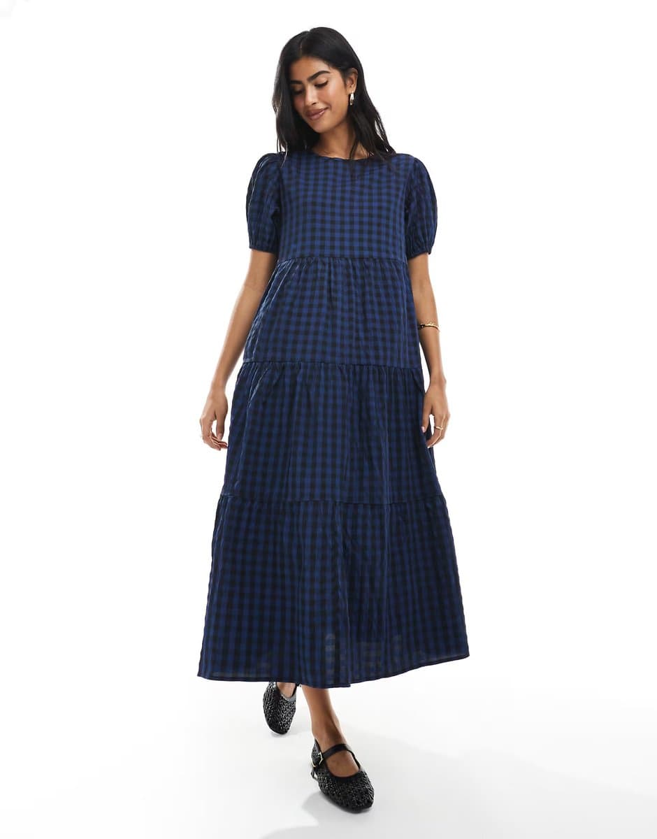 ASOS Daisy Street tiered maxi dress with puff sleeves in navy check