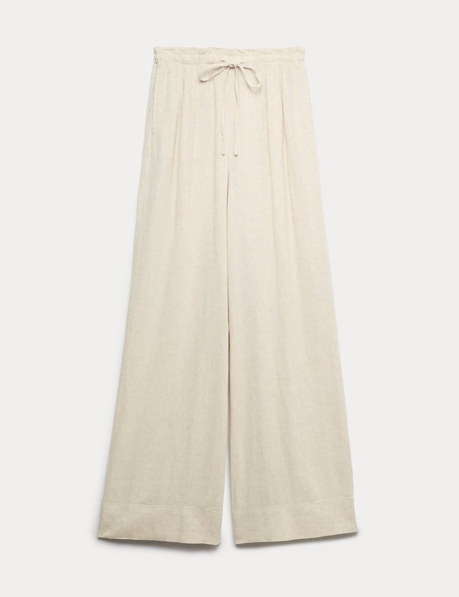 Marks & Spencer M&S Linen Rich Drawstring Wide Leg Trousers Oatmeal - 1