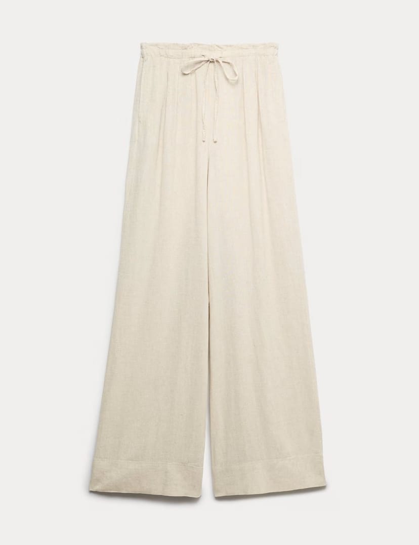 Marks & Spencer M&S Linen Rich Drawstring Wide Leg Trousers Oatmeal - 1
