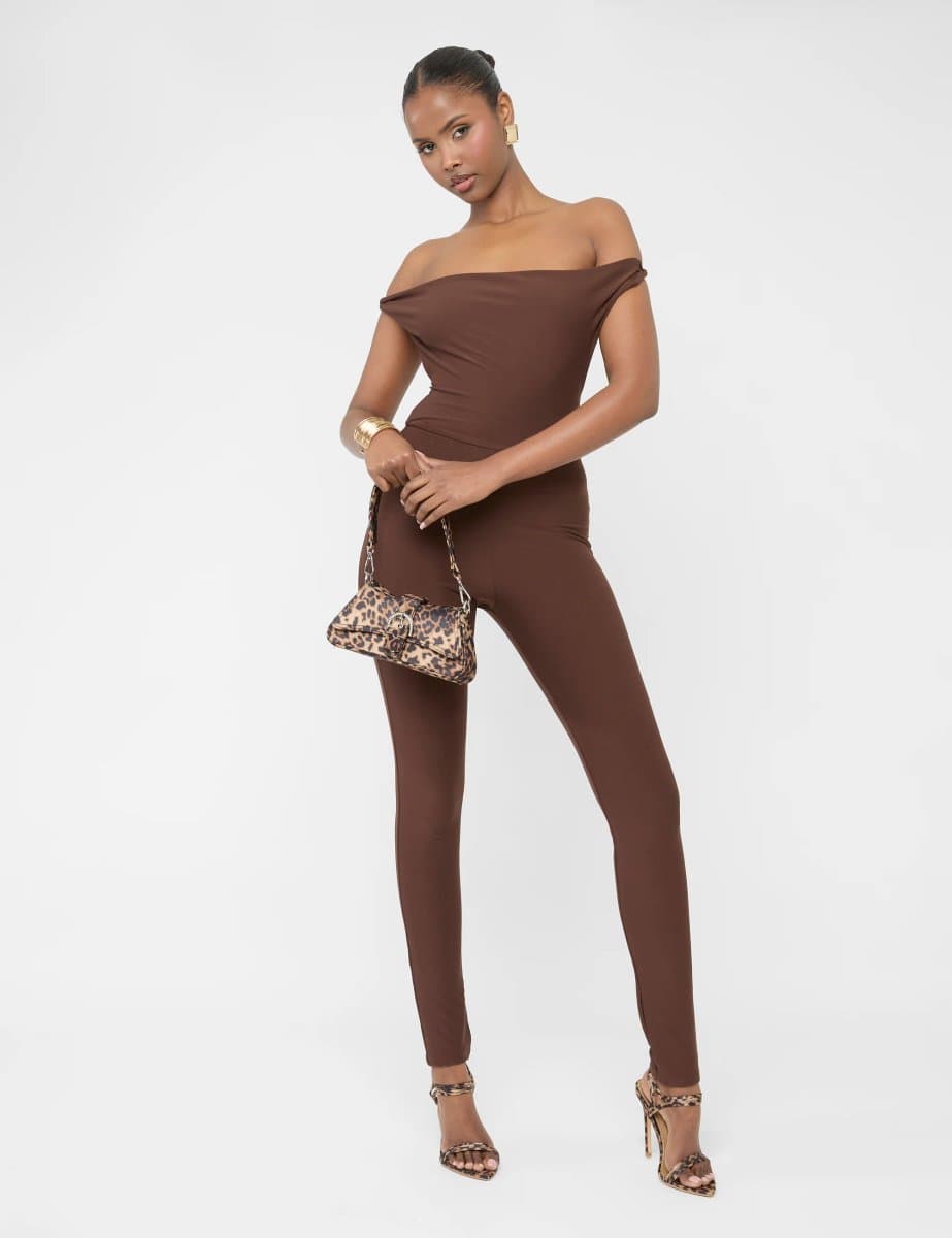 Public Desire Twist Back Detail Off The Shoulder Luxe Slinky Jumpsuit Brown
