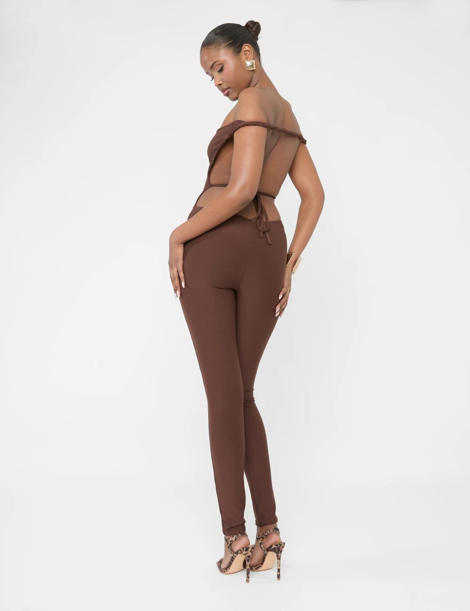 Public Desire Twist Back Detail Off The Shoulder Luxe Slinky Jumpsuit Brown - 2