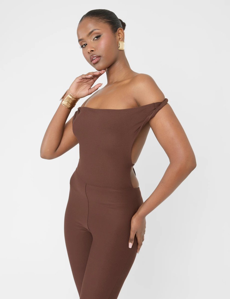 Public Desire Twist Back Detail Off The Shoulder Luxe Slinky Jumpsuit Brown - 3