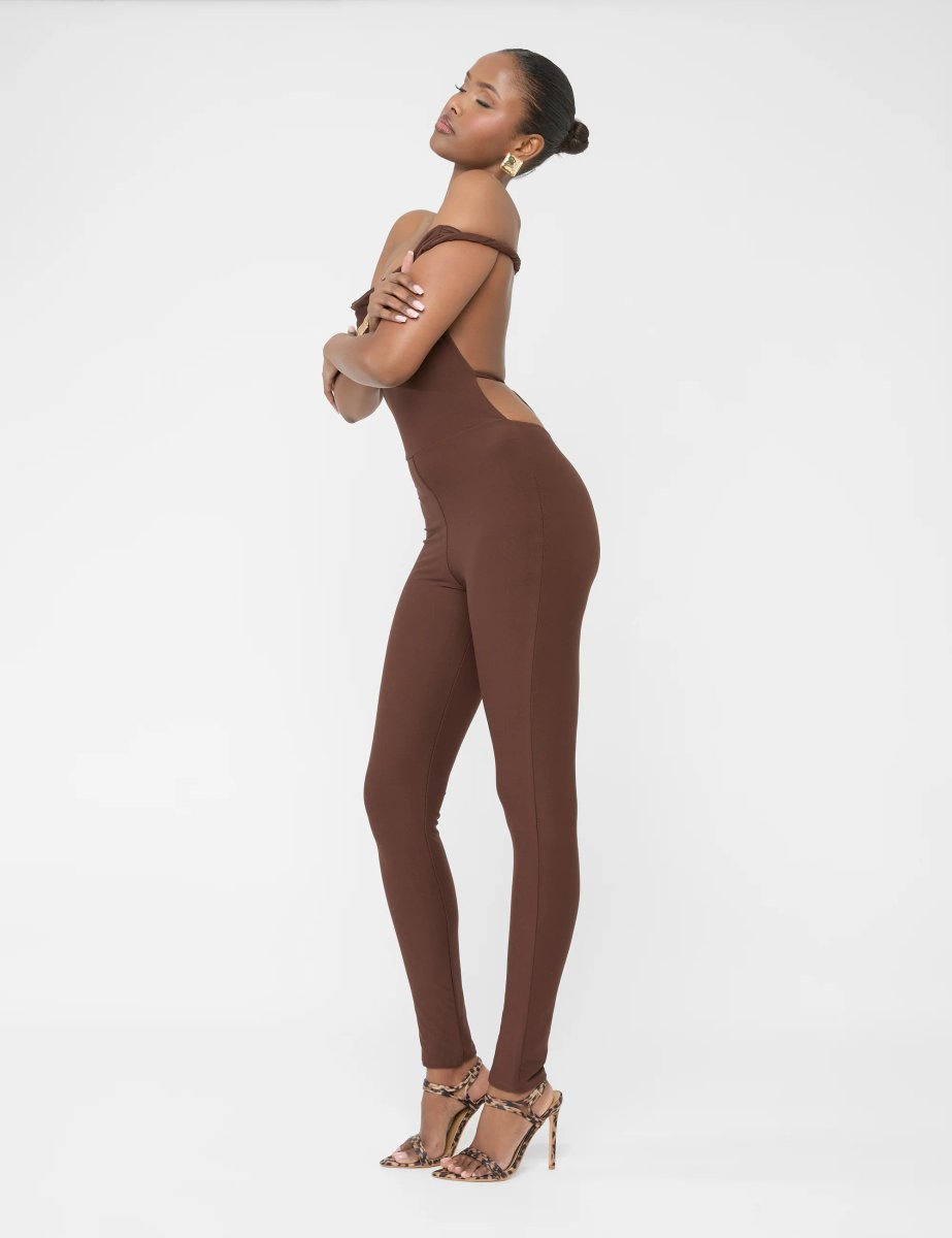 Public Desire Twist Back Detail Off The Shoulder Luxe Slinky Jumpsuit Brown - 4
