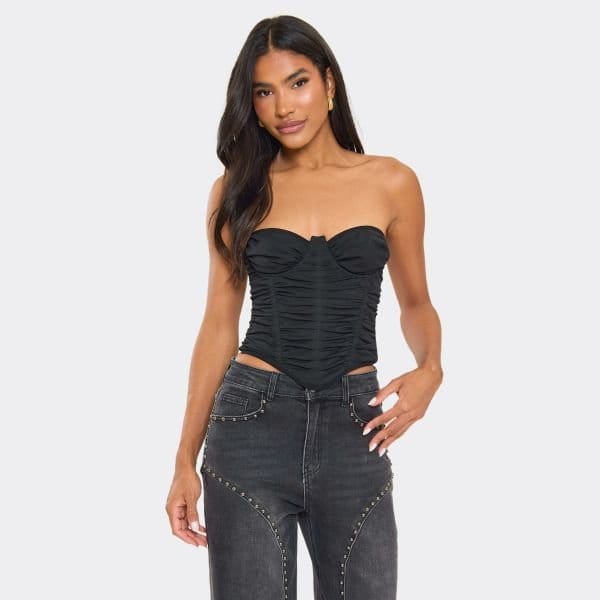 EGO Bandeau Ruched Detail Corset Top In Black Mesh, Women's Size UK 6 - 1