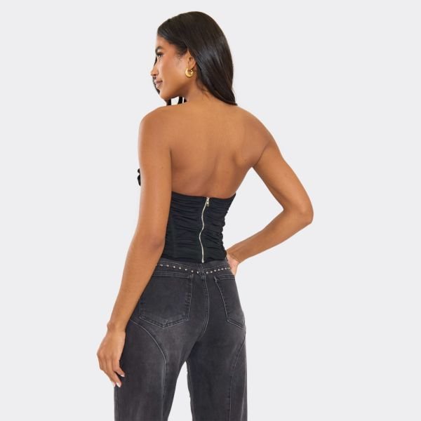 EGO Bandeau Ruched Detail Corset Top In Black Mesh, Women's Size UK 6 - 2