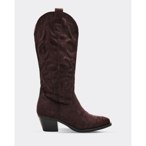 EGO Rodeo Embroidered Detail Mid Calf Western Cowboy Boot In Brown Faux Suede, Women's Size UK 3 - 2
