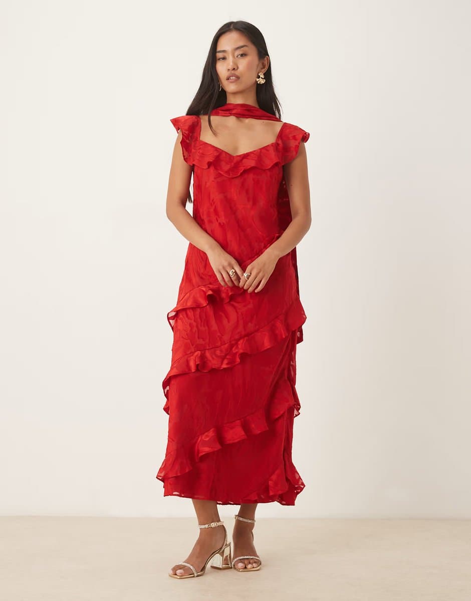 ASOS Pretty Lavish devore frill sleeve scarf detail ruffle maxi dress in red