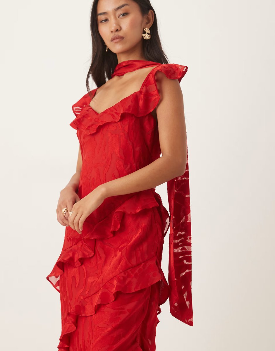ASOS Pretty Lavish devore frill sleeve scarf detail ruffle maxi dress in red - 3