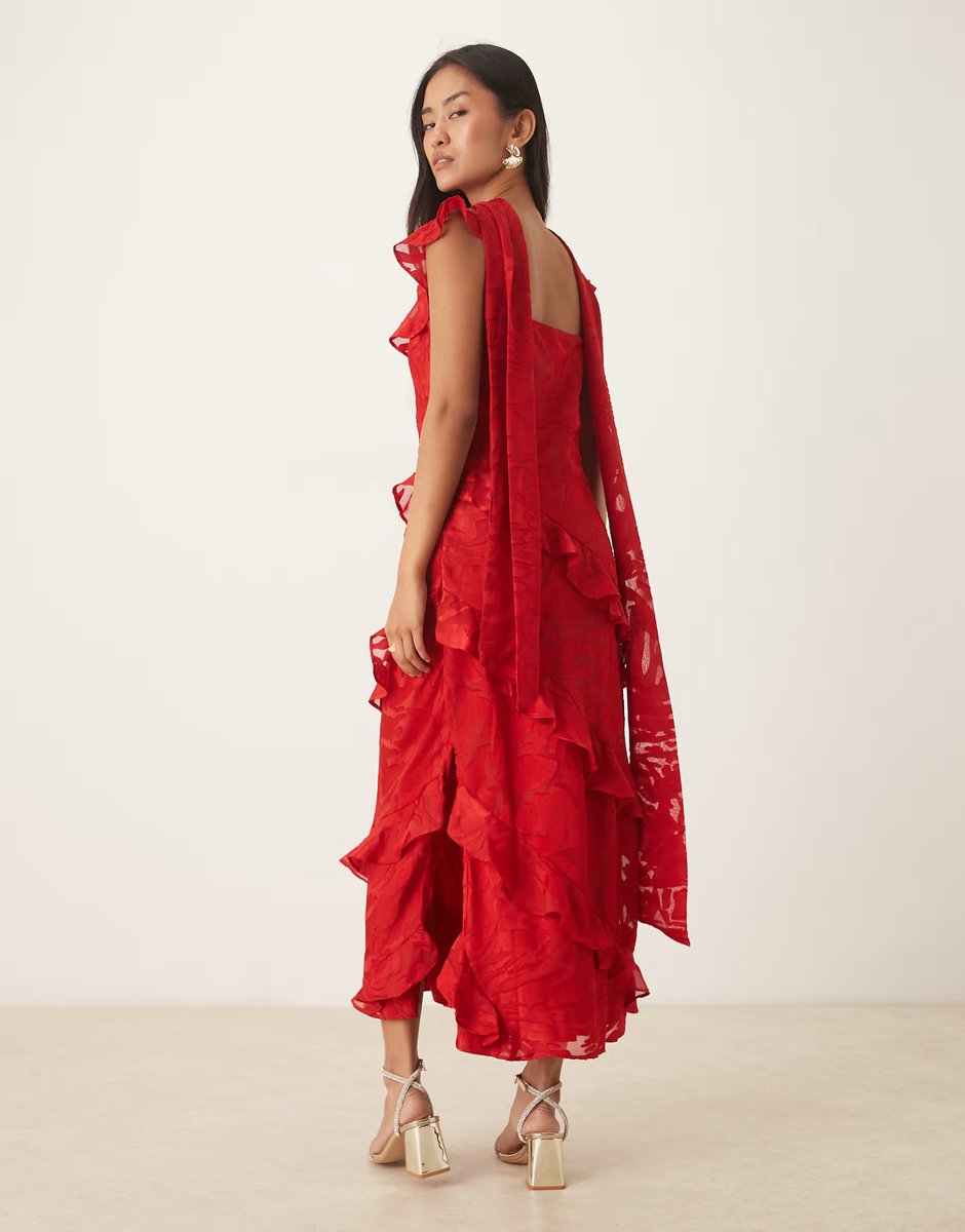 ASOS Pretty Lavish devore frill sleeve scarf detail ruffle maxi dress in red - 4