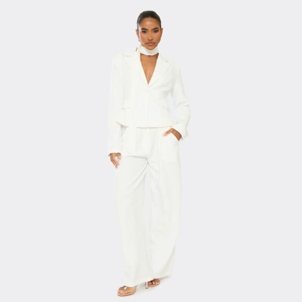 EGO Mid Rise Pocket Front Tailored Wide Leg Trousers In Cream, Women's Size UK 6 - 1
