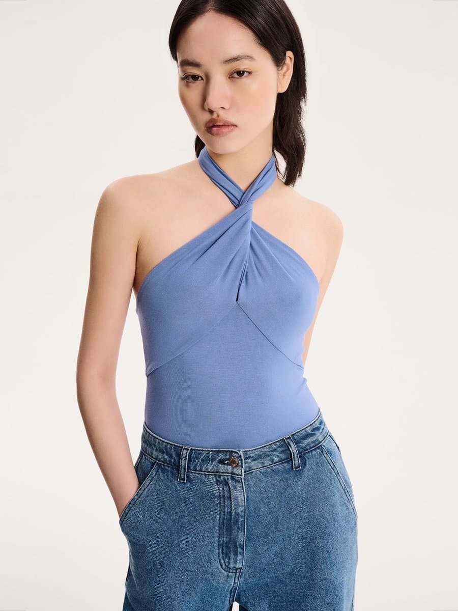 OMNES OMNES Chic Blue Halter Neck Top in Blue