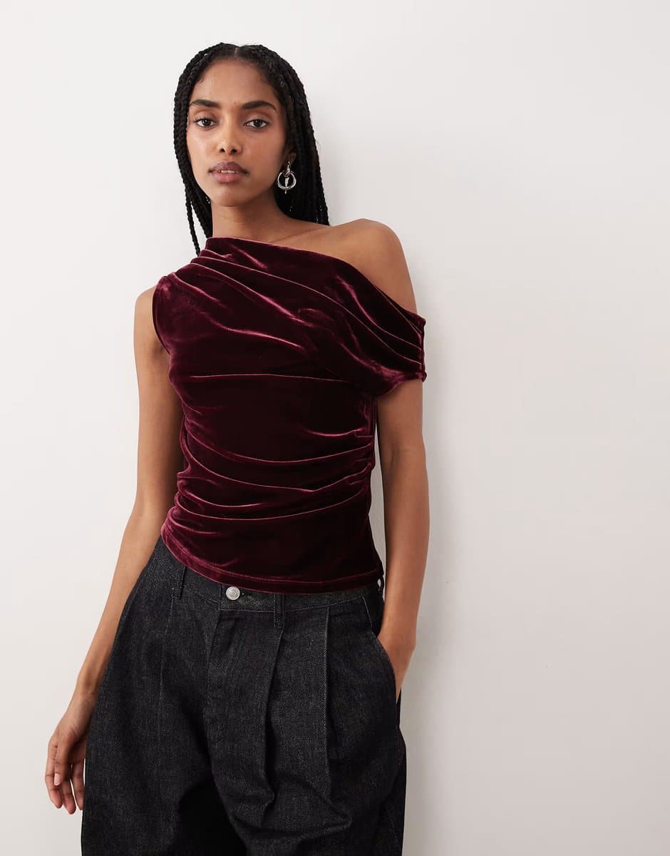 ASOS ASOS Gina Tricot Asymmetric Velvet Top in Wine