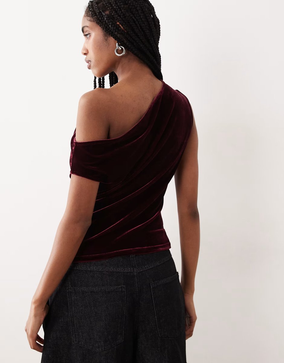 ASOS Gina Tricot asymmetric velvet top in wine - 3