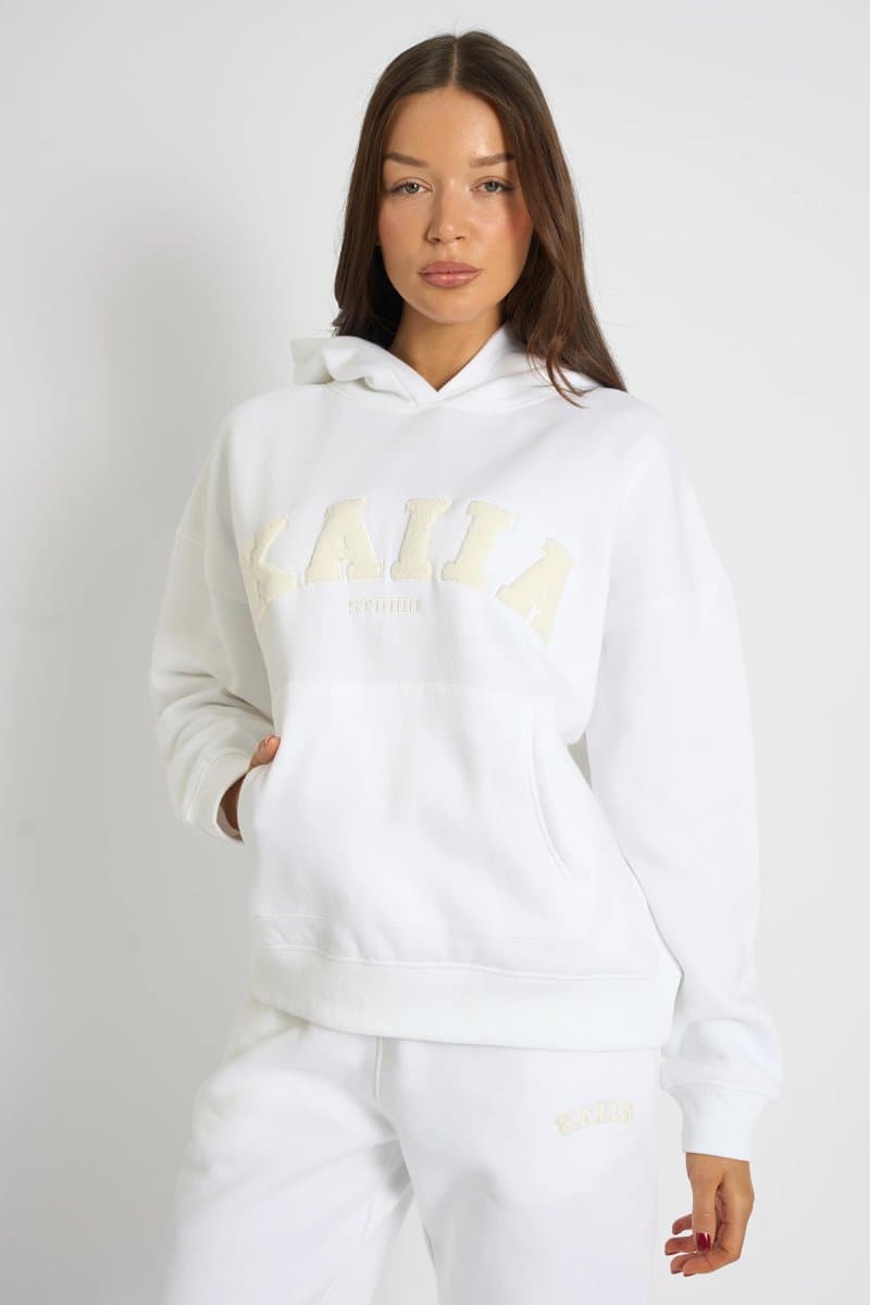Kaiia Kaiia Borg Slogan Oversized Hoodie Cream