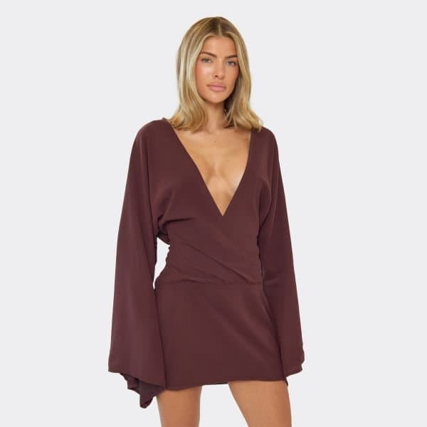 EGO Batwing Plunge Mini Dress In Chocolate Brown Chiffon, Women's Size UK 6