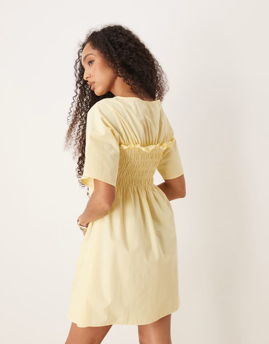 ASOS ASOS DESIGN shirred babydoll trapeze mini dress in buttermilk - 3