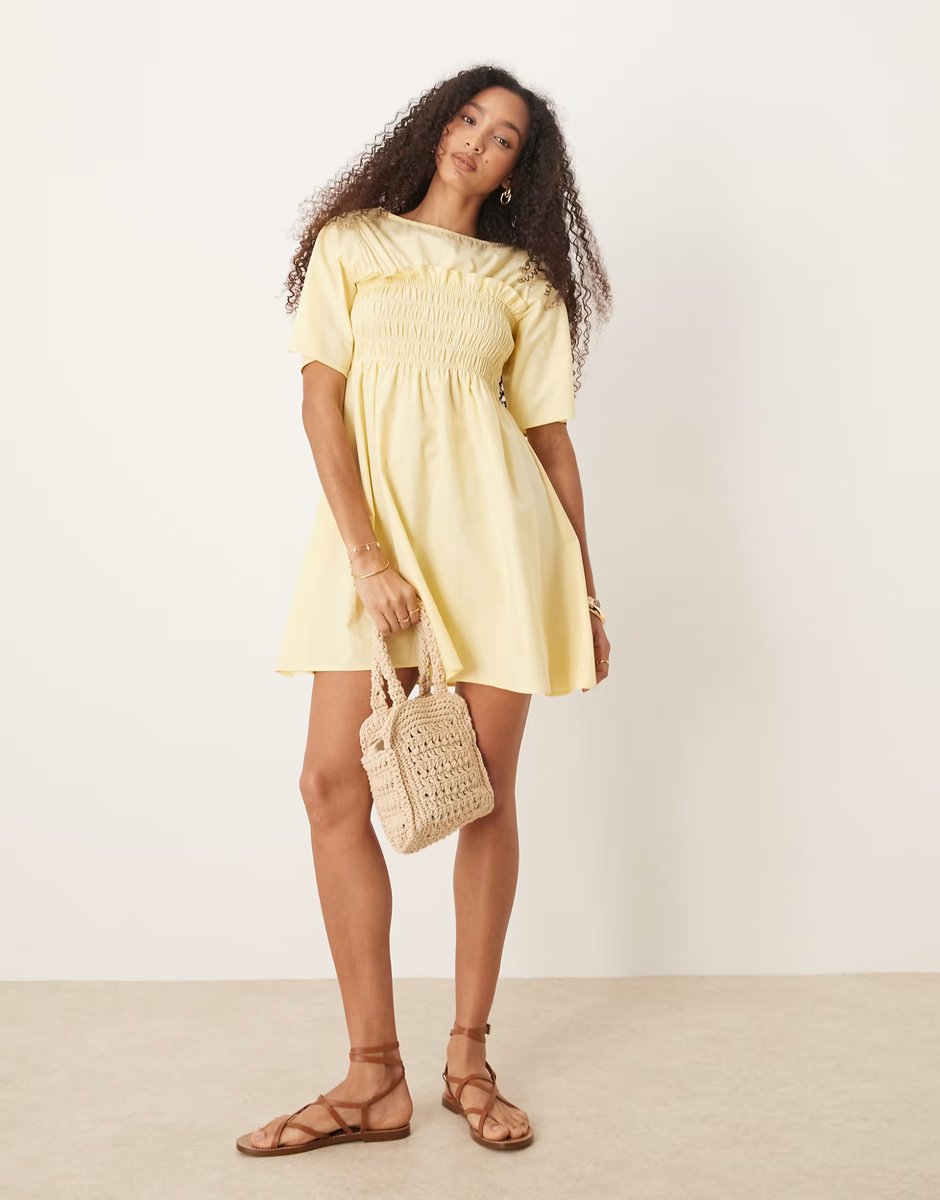 ASOS ASOS DESIGN shirred babydoll trapeze mini dress in buttermilk - 4