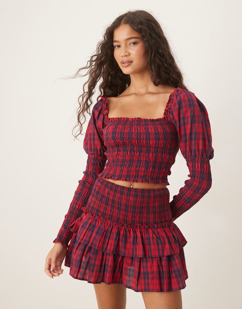 ASOS Kiss The Sky ruched co-ord in burgundy check - 3