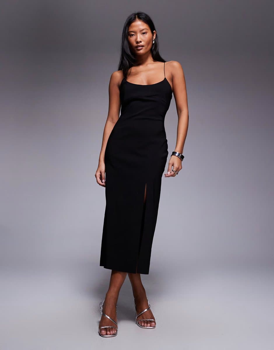ASOS Vesper Petite Cross strap midaxi dress with thigh split in black