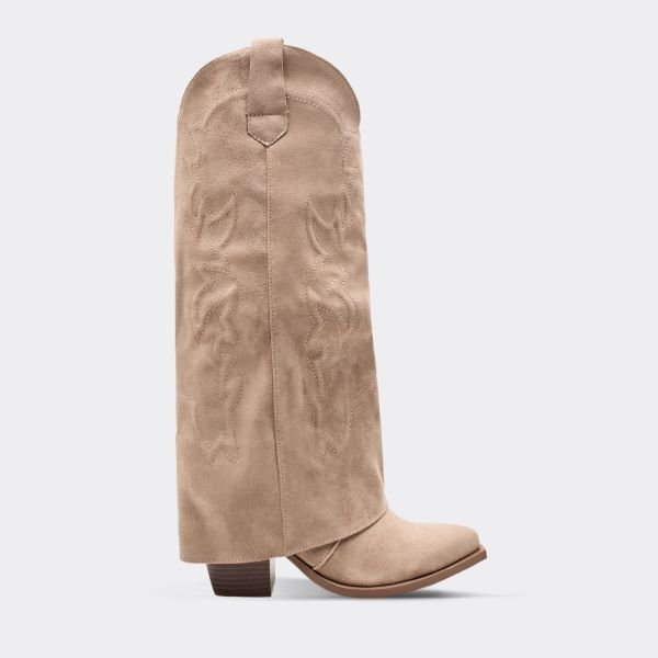 EGO Parton Embroidered Layered Detail Knee High Long Western Cowboy Boot In Beige Faux Suede, Women's Size UK 3 - 1