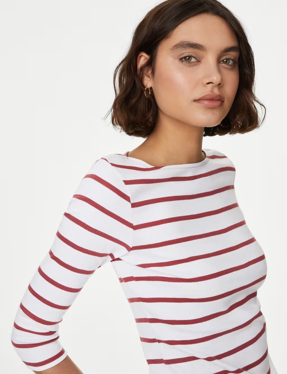Marks & Spencer M&S Pure Cotton Striped Slash Neck Slim Fit Top Red Mix