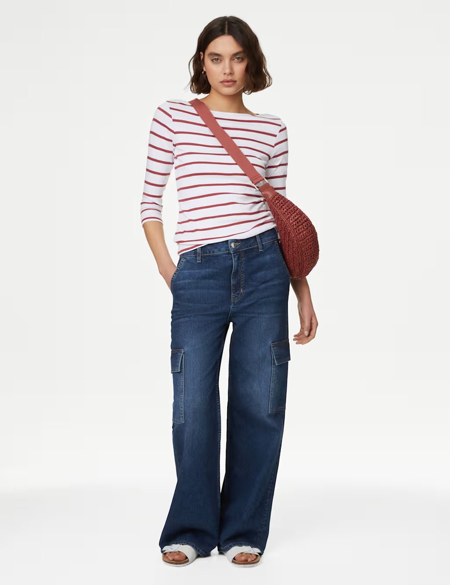 Marks & Spencer M&S Pure Cotton Striped Slash Neck Slim Fit Top Red Mix - 2