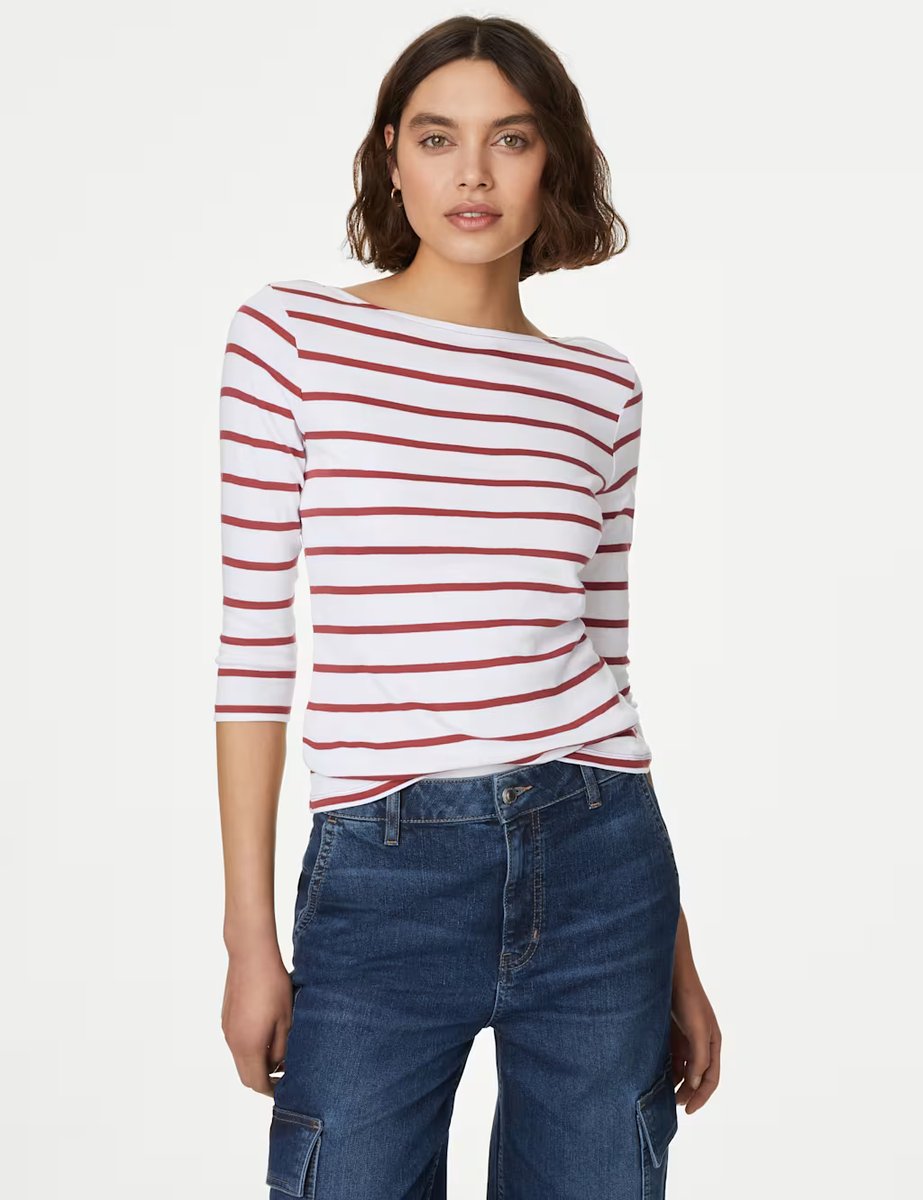 Marks & Spencer M&S Pure Cotton Striped Slash Neck Slim Fit Top Red Mix - 3