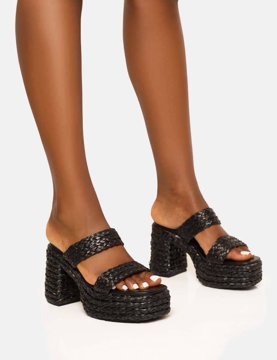 Public Desire Cassidy Black Double Strap Jute Platform Block Heel