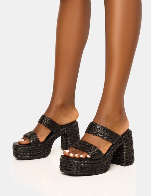 Public Desire Cassidy Black Double Strap Jute Platform Block Heel - 3